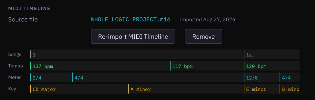 Imported MIDI timeline: songs, tempo, meter, and key read directly from the Logic Pro export