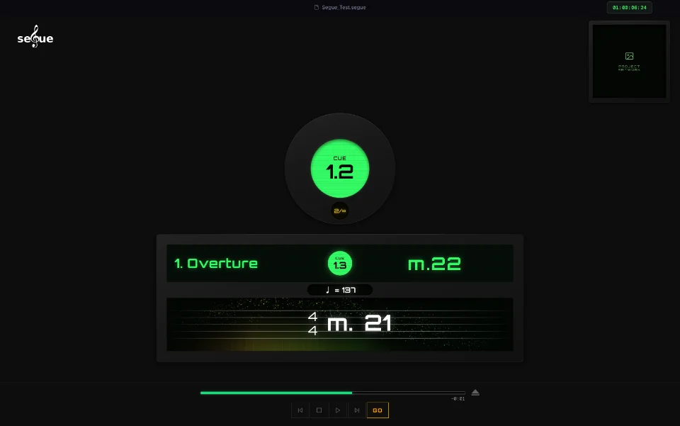 segue's Perform screen: cue dial, now-playing bar, measure and tempo readout