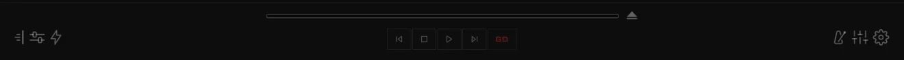 segue transport bar: streamer, mix and click, screen flash, scrub, previous cue, stop, play, next cue, GO, tempo flash, mixer and settings